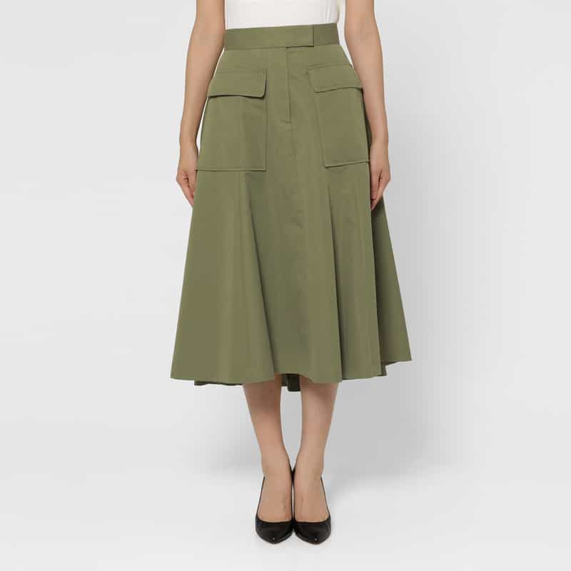 BARNEYS NEW YORK ウォッシャブル ダブルフラップポケット フレアスカート KHAKI