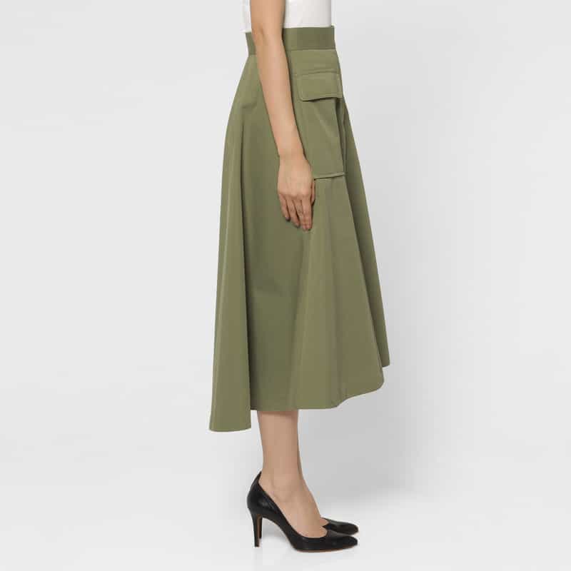 BARNEYS NEW YORK ウォッシャブル ダブルフラップポケット フレアスカート KHAKI