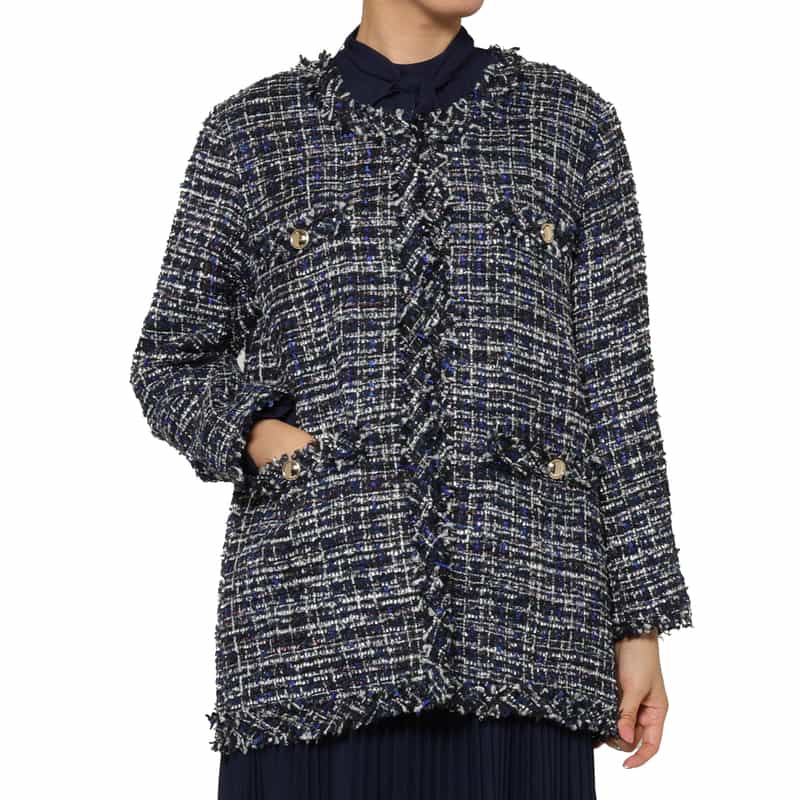 BARNEYS NEW YORK ルーズフィット フリンジツイードコート BLUE