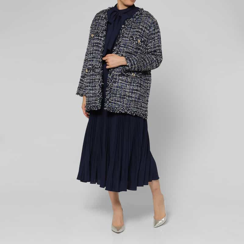 BARNEYS NEW YORK ルーズフィット フリンジツイードコート BLUE