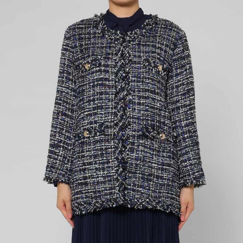 BARNEYS NEW YORK ルーズフィット フリンジツイードコート BLUE
