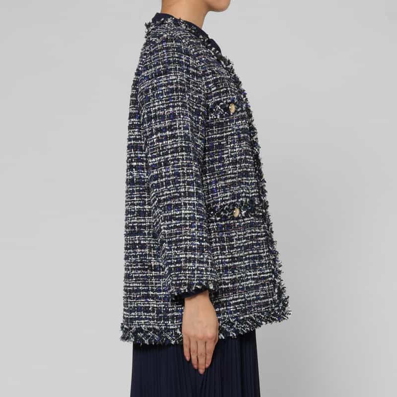BARNEYS NEW YORK ルーズフィット フリンジツイードコート BLUE