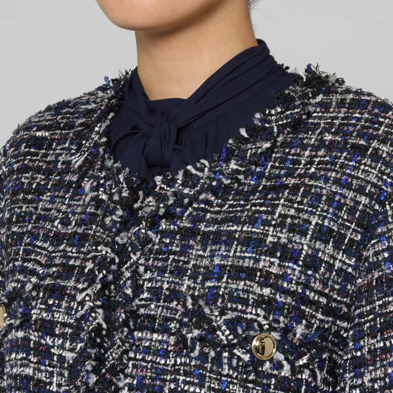 BARNEYS NEW YORK ルーズフィット フリンジツイードコート BLUE