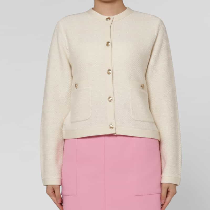 BARNEYS NEW YORK ラメツイード ポケット付きニットジャケット OFF WHITE