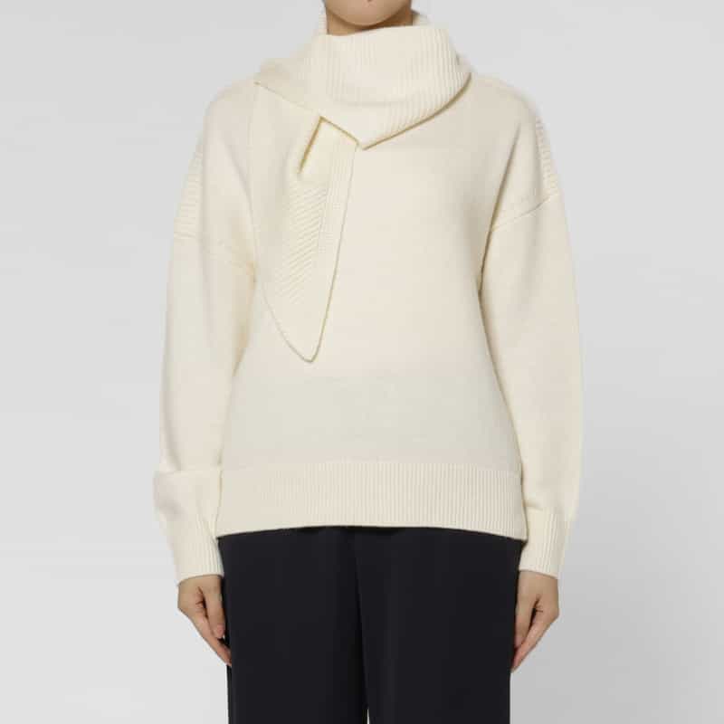 BARNEYS NEW YORK 2WAYスカーフカラー リブニットプルオーバー WHITE