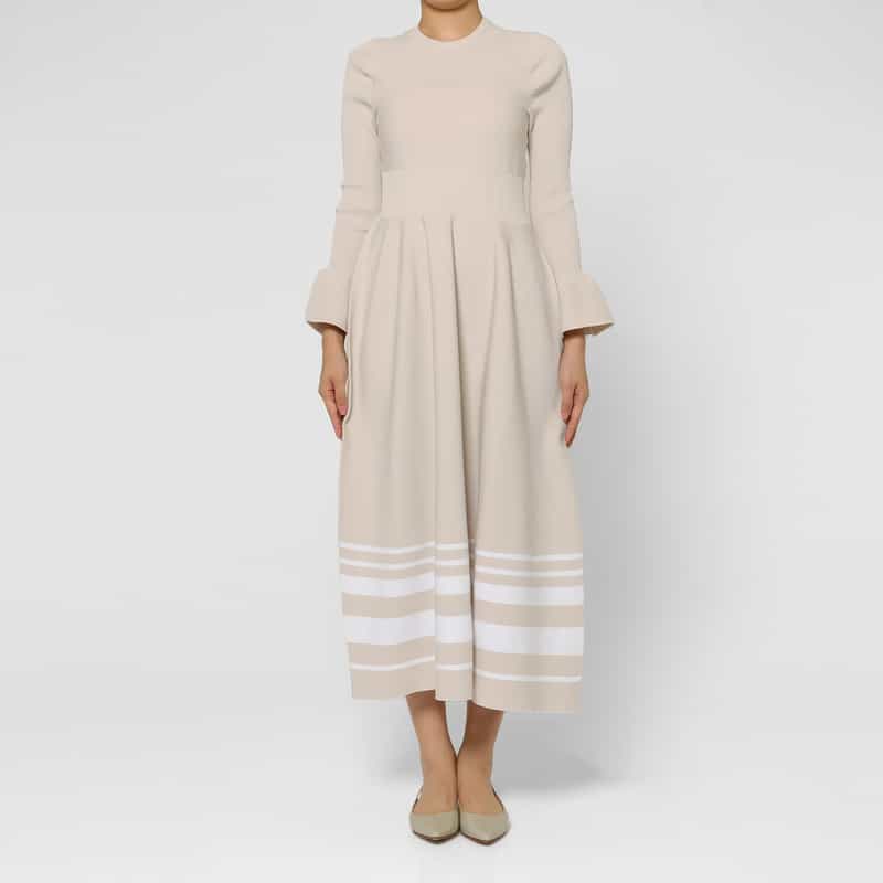 BARNEYS NEW YORK ウォッシャブル フレアスリーブ ランダムラインニットドレス BEIGE