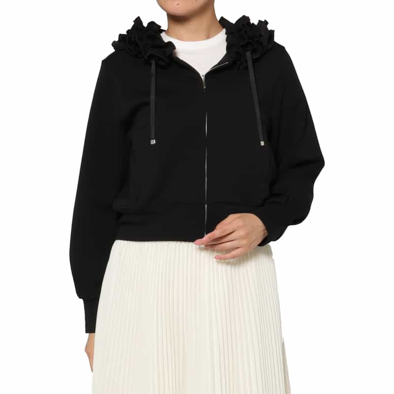 BARNEYS NEW YORK ウォッシャブル ジップアップフリルフーディ BLACK