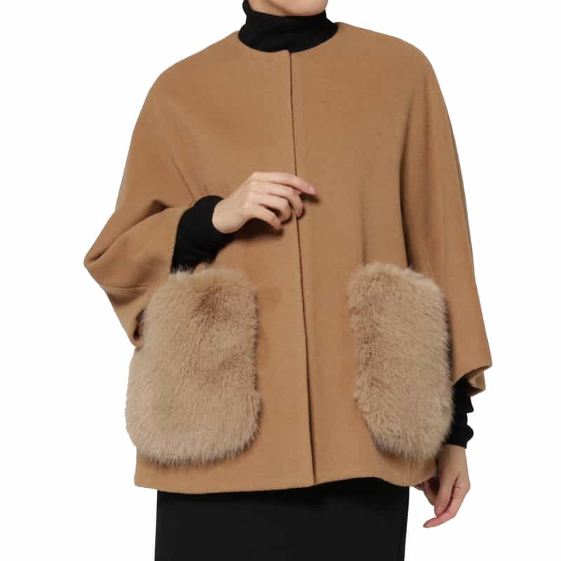 BARNEYS NEW YORK ポケット付き ウールノーカラーコート CAMEL