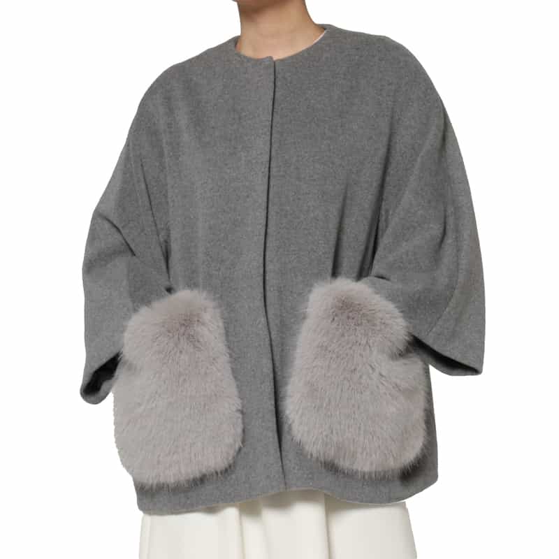 BARNEYS NEW YORK ポケット付き ウールノーカラーコート LIGHT GRAY