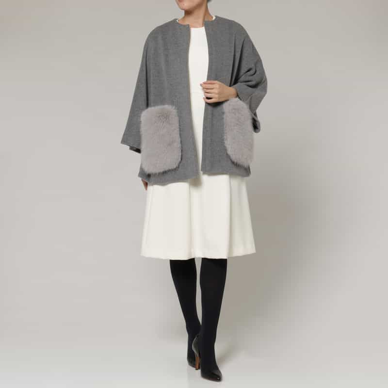 BARNEYS NEW YORK ポケット付き ウールノーカラーコート LIGHT GRAY