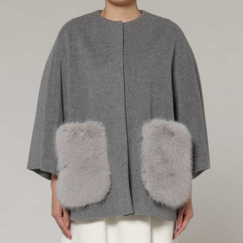 BARNEYS NEW YORK ポケット付き ウールノーカラーコート LIGHT GRAY