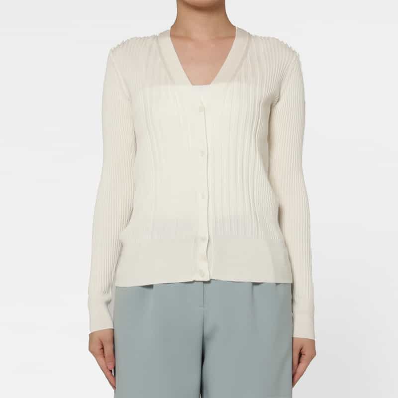 BARNEYS NEW YORK ウールシルク Vネック 16ゲージ リブニットカーディガン WHITE
