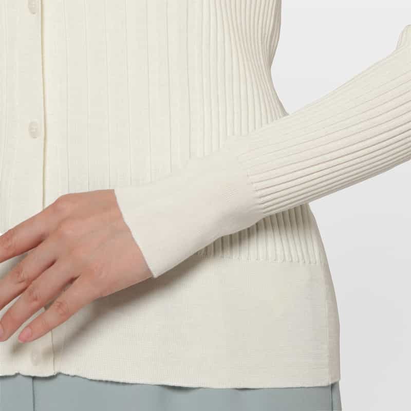 BARNEYS NEW YORK ウールシルク Vネック 16ゲージ リブニットカーディガン WHITE