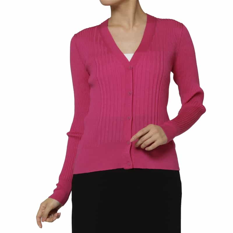 BARNEYS NEW YORK ウールシルク Vネック 16ゲージ リブニットカーディガン FUCHSIA