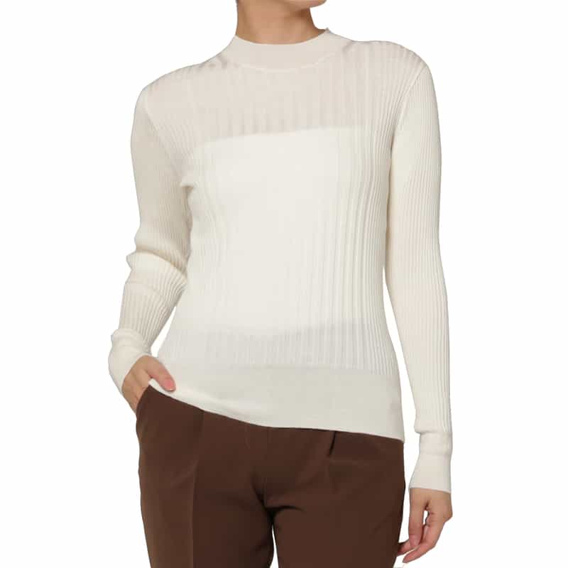 BARNEYS NEW YORK ウールシルク ハイネック 16ゲージ リブニットプルオーバー WHITE