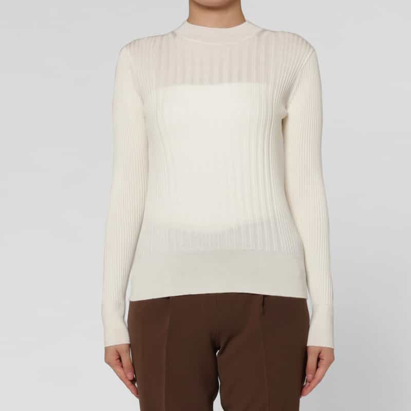 BARNEYS NEW YORK ウールシルク ハイネック 16ゲージ リブニットプルオーバー WHITE