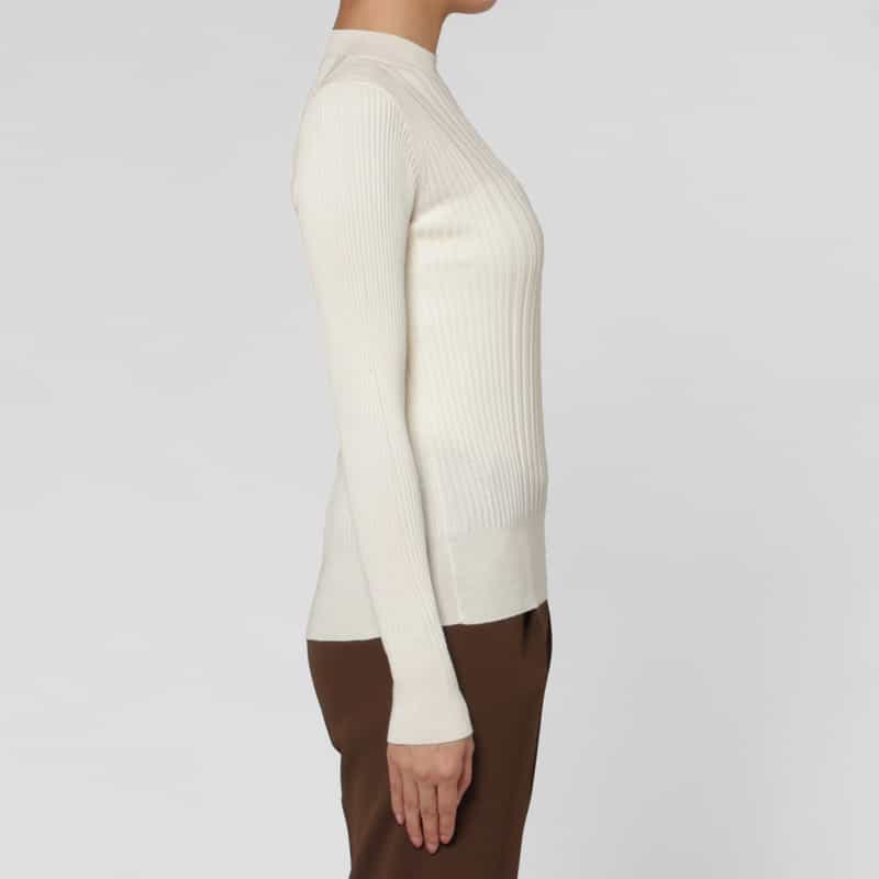 BARNEYS NEW YORK ウールシルク ハイネック 16ゲージ リブニットプルオーバー WHITE