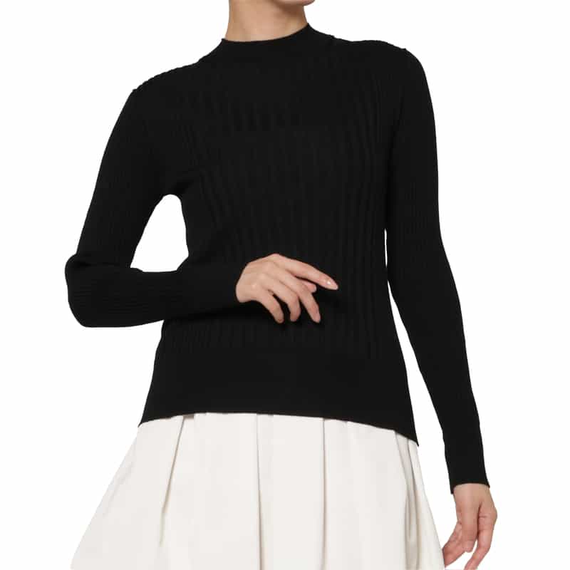 BARNEYS NEW YORK ウールシルク ハイネック 16ゲージ リブニットプルオーバー BLACK
