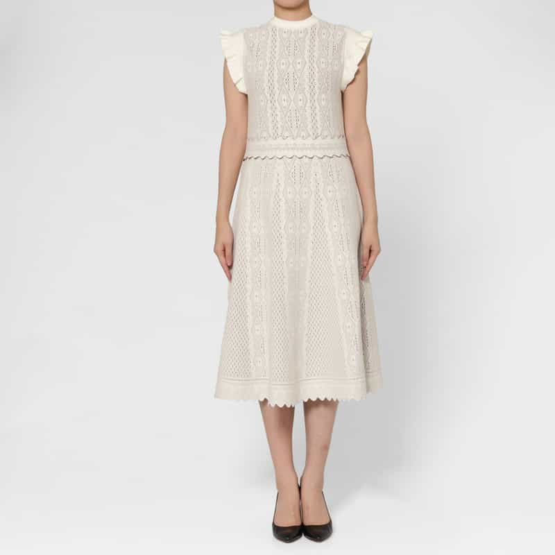 BARNEYS NEW YORK ジャガードニット フレンチスリーブハイネックドレス WHITE