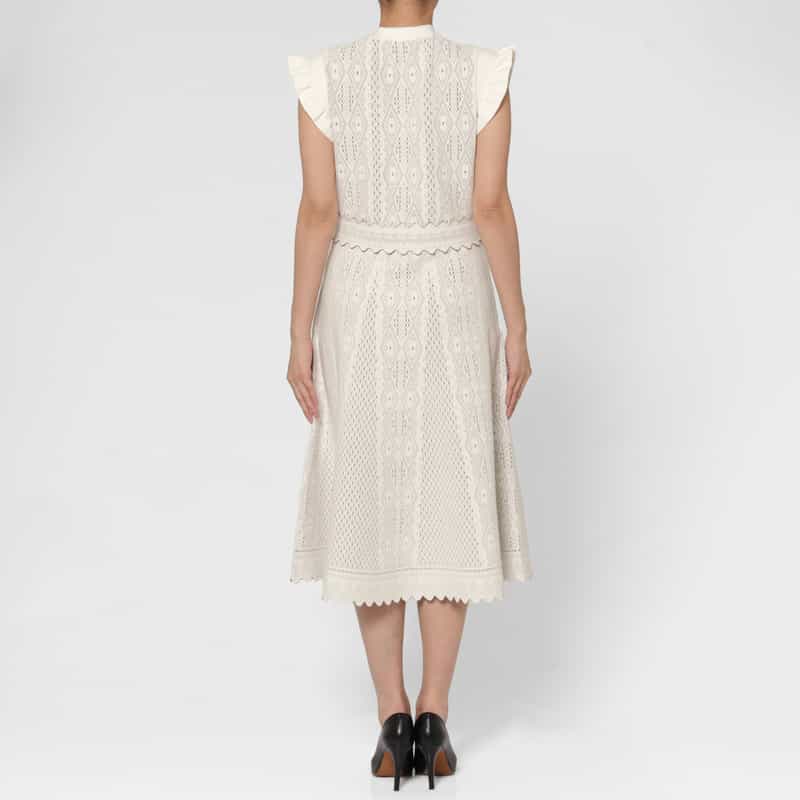 BARNEYS NEW YORK ジャガードニット フレンチスリーブハイネックドレス WHITE