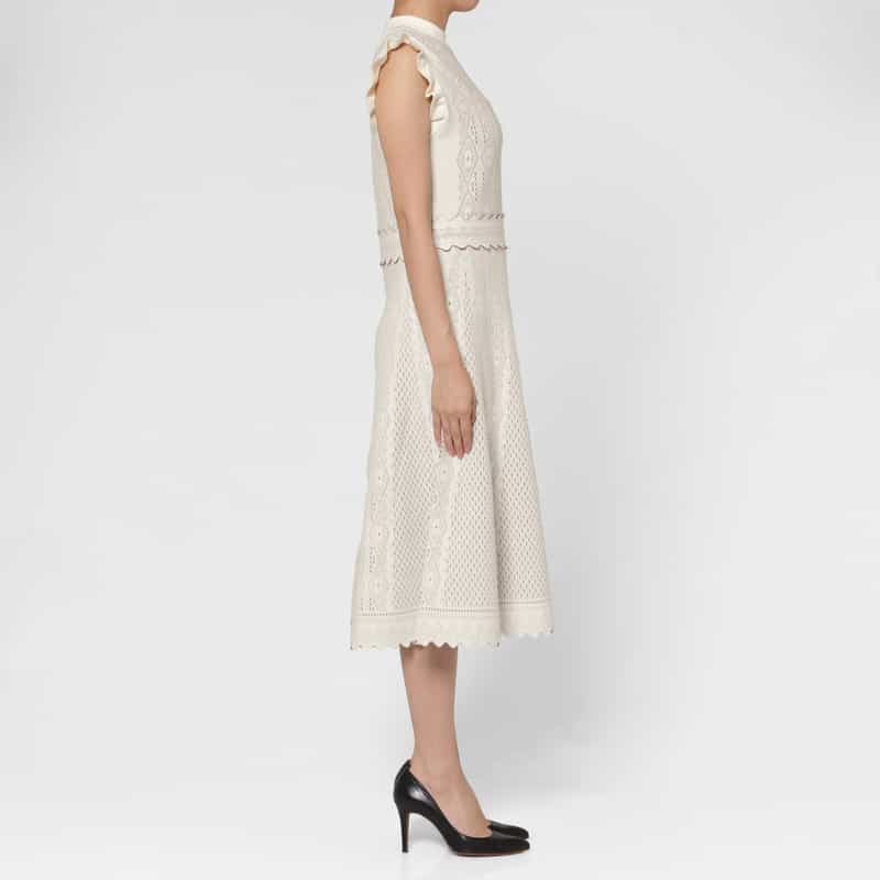 BARNEYS NEW YORK ジャガードニット フレンチスリーブハイネックドレス WHITE