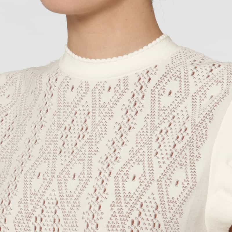 BARNEYS NEW YORK ジャガードニット フレンチスリーブハイネックドレス WHITE