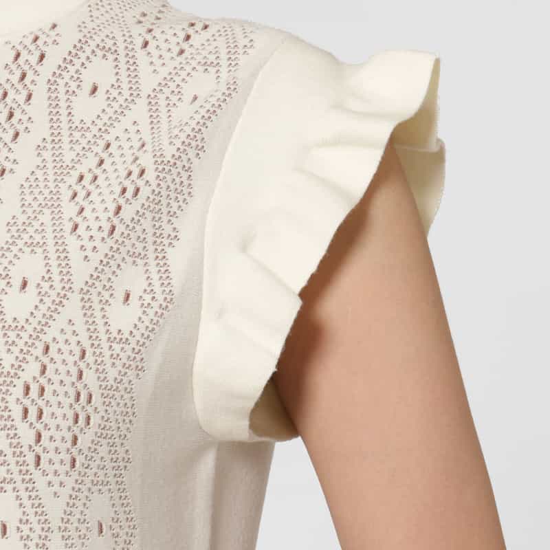 BARNEYS NEW YORK ジャガードニット フレンチスリーブハイネックドレス WHITE