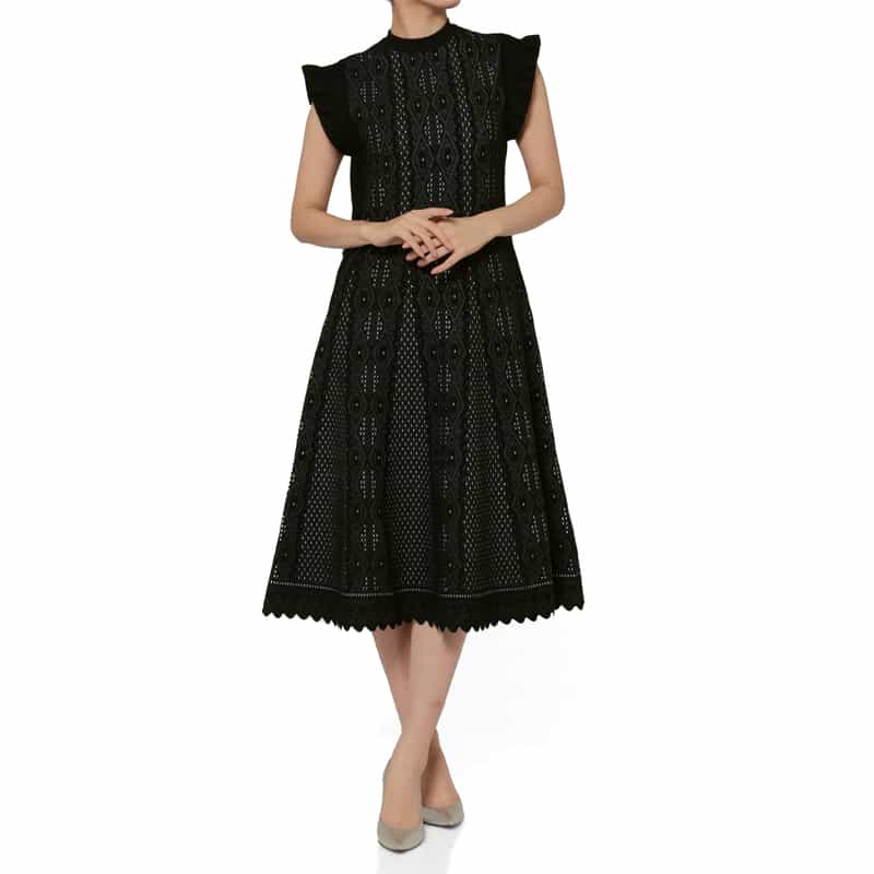 BARNEYS NEW YORK ジャガードニット フレンチスリーブハイネックドレス BLACK