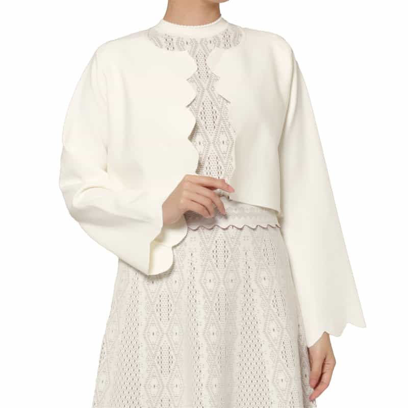 BARNEYS NEW YORK スカラップデザイン ジャカードニットボレロカーディガン WHITE