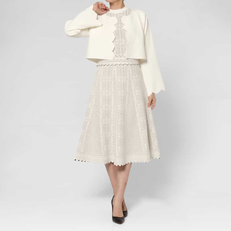 BARNEYS NEW YORK スカラップデザイン ジャカードニットボレロカーディガン WHITE