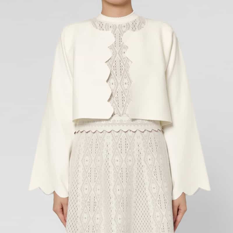 BARNEYS NEW YORK スカラップデザイン ジャカードニットボレロカーディガン WHITE