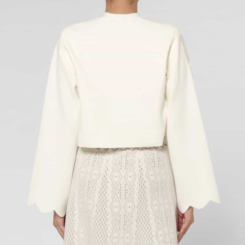 BARNEYS NEW YORK スカラップデザイン ジャカードニットボレロカーディガン WHITE