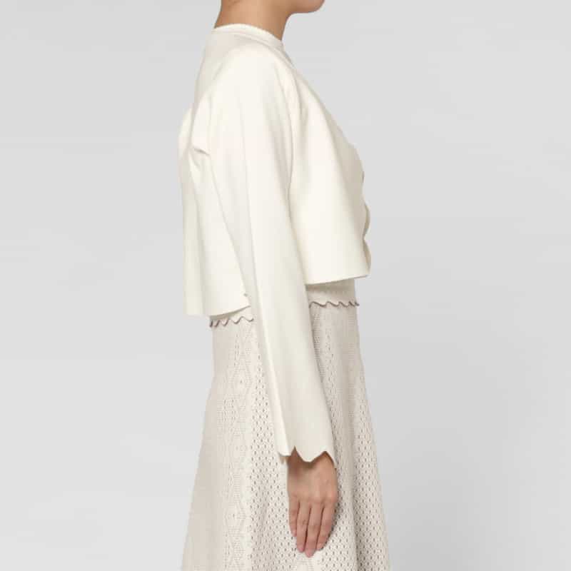 BARNEYS NEW YORK スカラップデザイン ジャカードニットボレロカーディガン WHITE