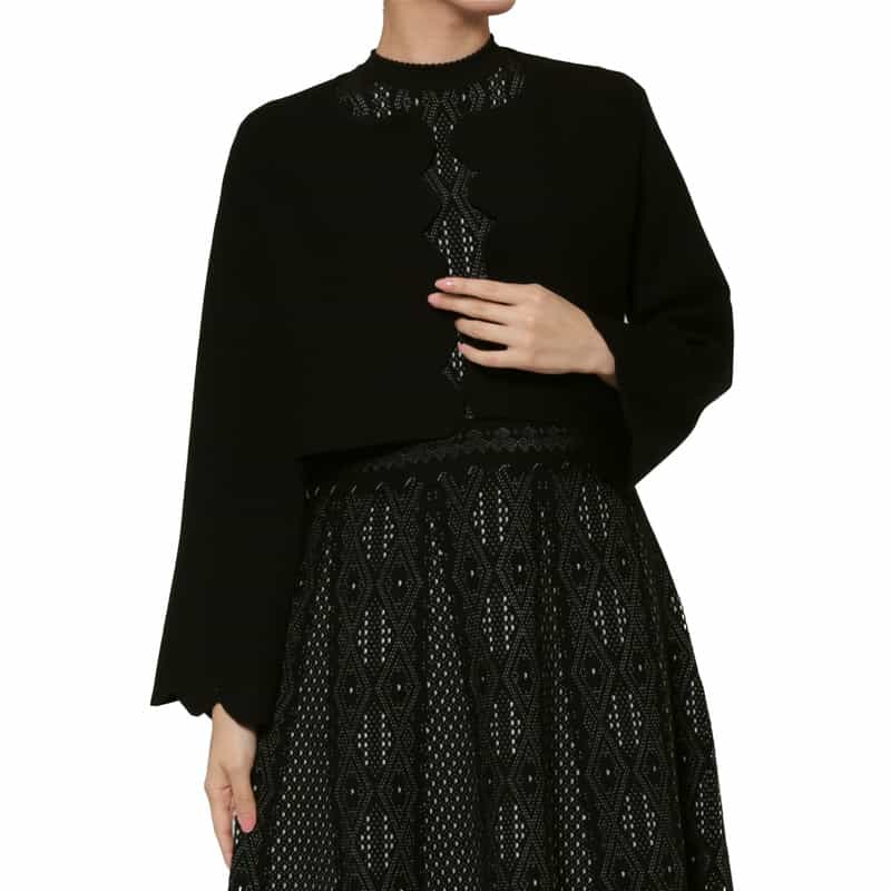 BARNEYS NEW YORK スカラップデザイン ジャカードニットボレロカーディガン BLACK