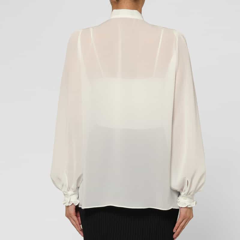 BARNEYS NEW YORK ウォッシャブル ラッフルボウ ジョーゼットシアーブラウス WHITE