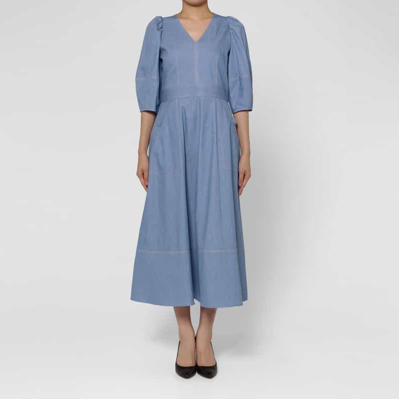 BARNEYS NEW YORK ウォッシャブル デニム素材フレアドレス BLUE