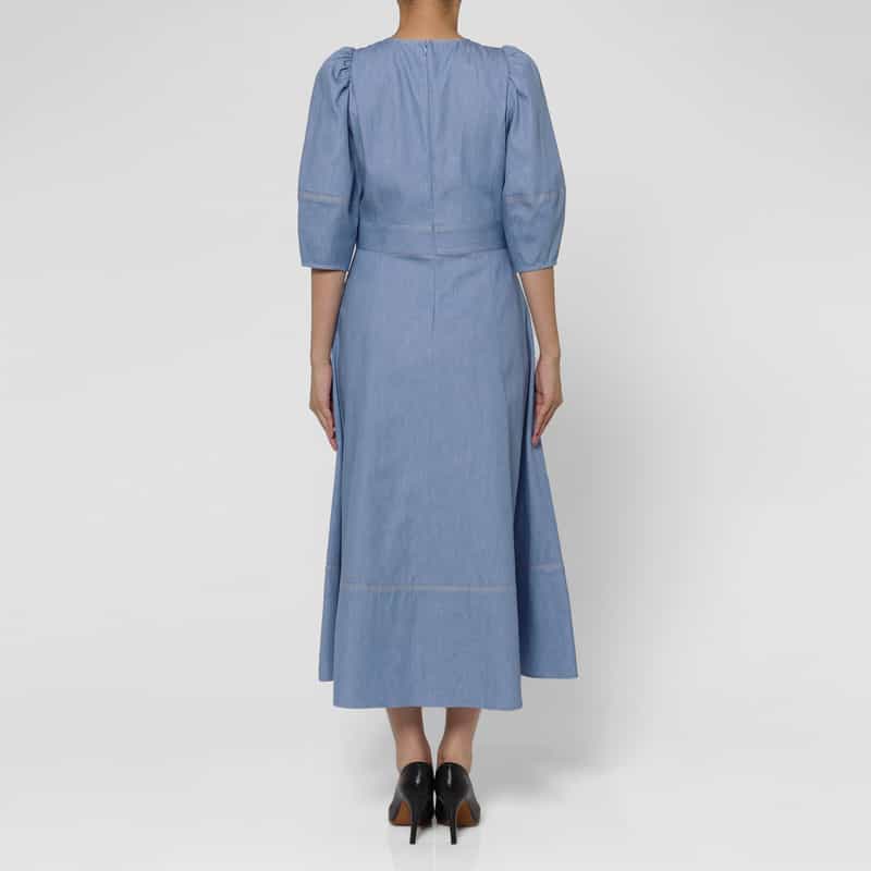 BARNEYS NEW YORK ウォッシャブル デニム素材フレアドレス BLUE