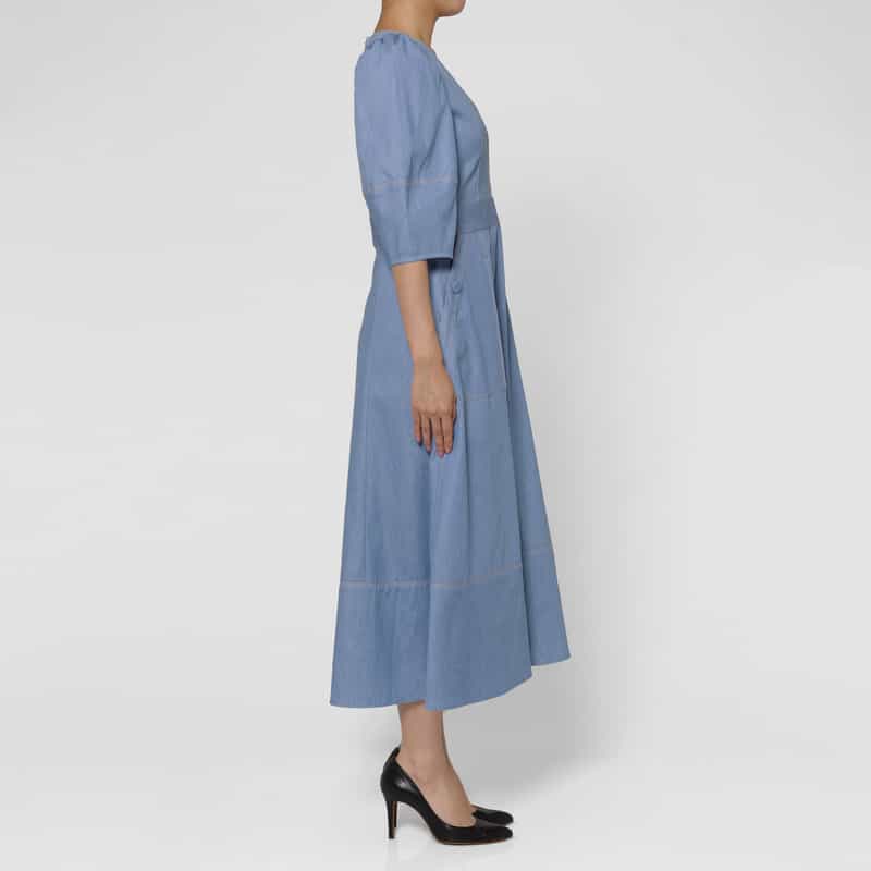 BARNEYS NEW YORK ウォッシャブル デニム素材フレアドレス BLUE