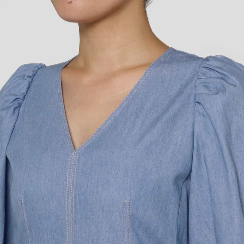 BARNEYS NEW YORK ウォッシャブル デニム素材フレアドレス BLUE