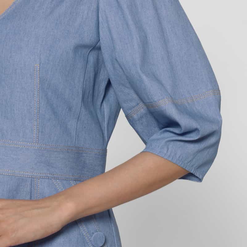 BARNEYS NEW YORK ウォッシャブル デニム素材フレアドレス BLUE