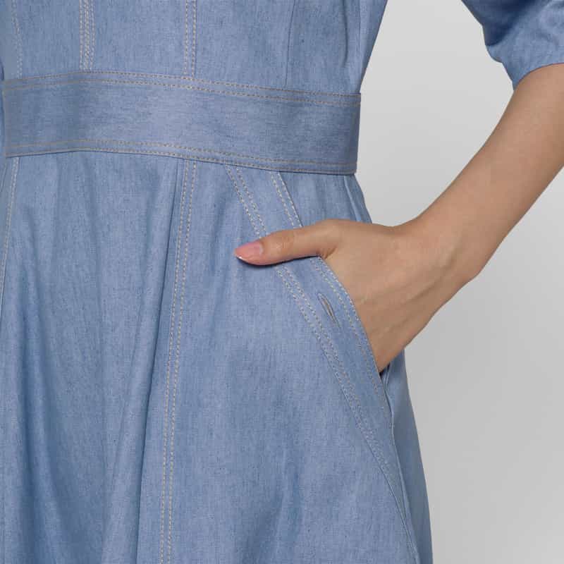 BARNEYS NEW YORK ウォッシャブル デニム素材フレアドレス BLUE