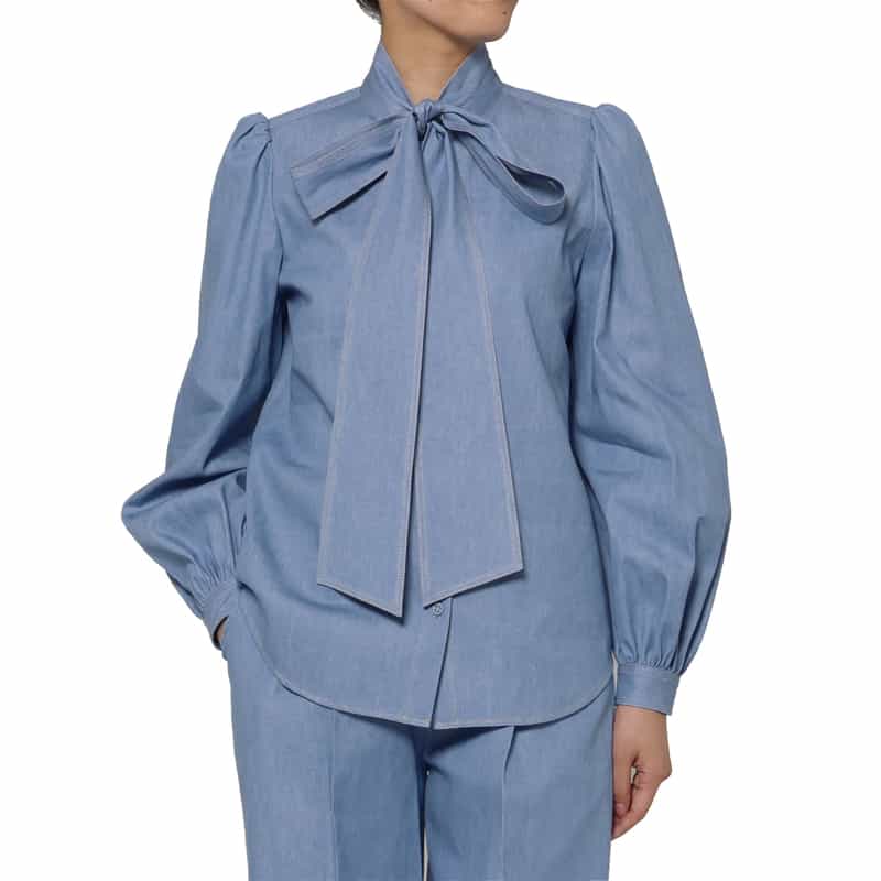 BARNEYS NEW YORK ウォッシャブル デニム素材ボウタイブラウス BLUE