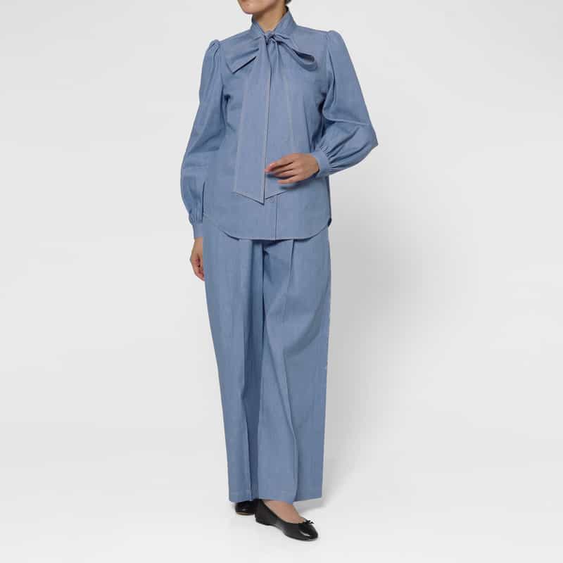 BARNEYS NEW YORK ウォッシャブル デニム素材ボウタイブラウス BLUE