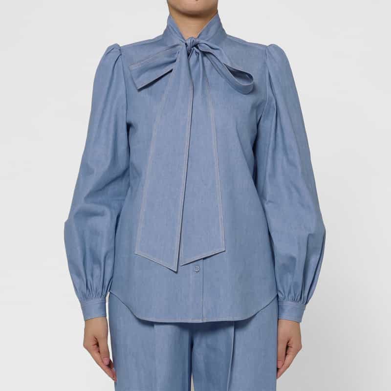 BARNEYS NEW YORK ウォッシャブル デニム素材ボウタイブラウス BLUE