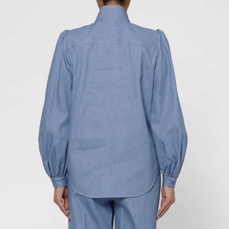 BARNEYS NEW YORK ウォッシャブル デニム素材ボウタイブラウス BLUE