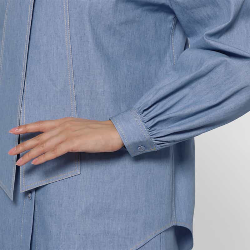 BARNEYS NEW YORK ウォッシャブル デニム素材ボウタイブラウス BLUE
