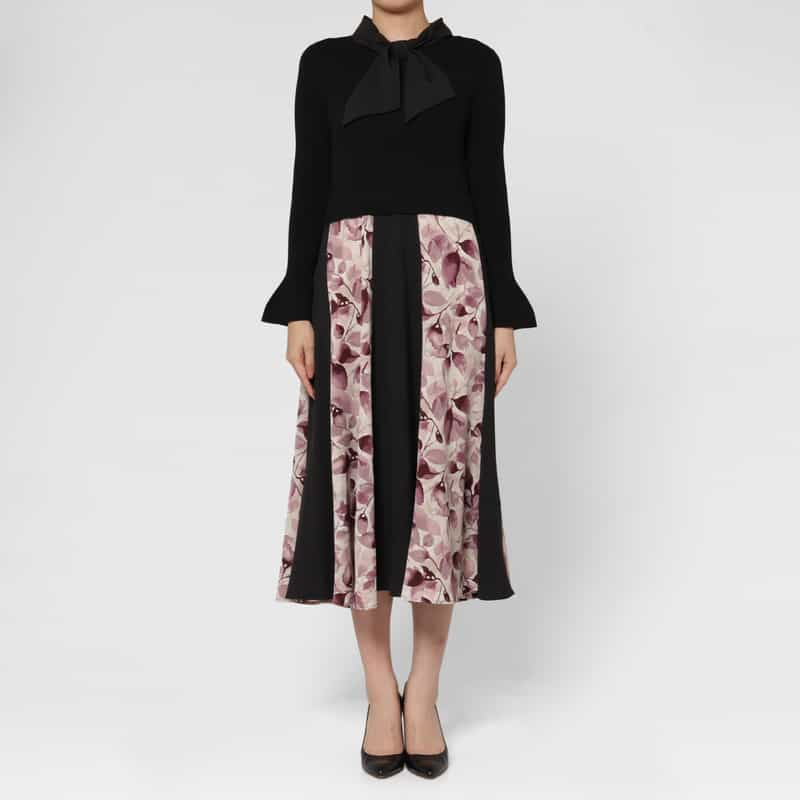 BARNEYS NEW YORK 異素材コンビネーション フラワープリント ボウタイニットドレス PINK