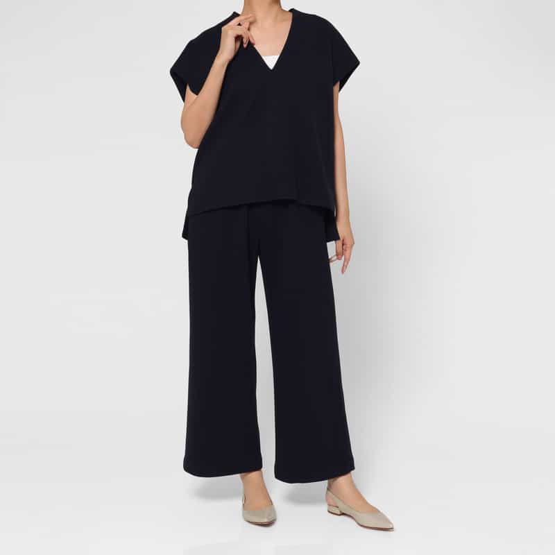 BARNEYS NEW YORK セットアップ ウォッシャブル メルトン風素材ワイドパンツ NAVY
