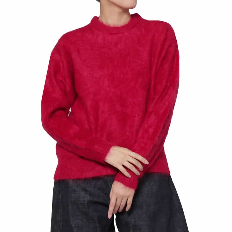 BARNEYS NEW YORK カシミヤ ファー加工クルーネックニットプルオーバー RED