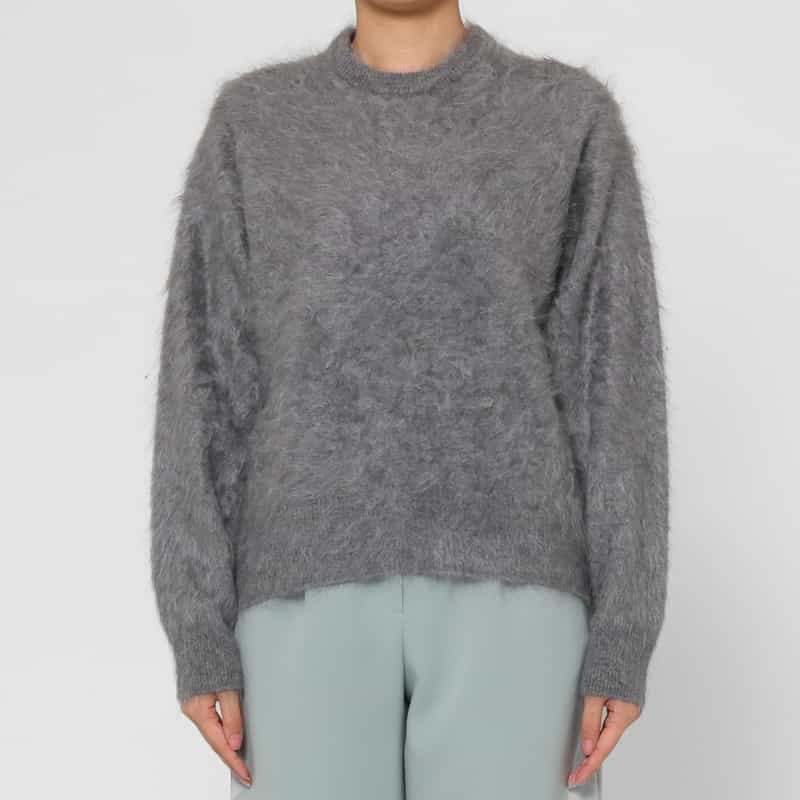 BARNEYS NEW YORK カシミヤ ファー加工クルーネックニットプルオーバー LIGHT GRAY